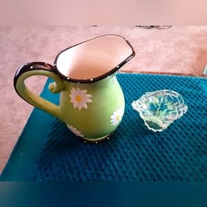 Pitcher green with daisy accents.  Glass handled Minature basket with green flor